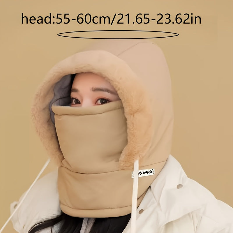 Fleece-Lined Warm Hat with Integrated Windproof Face Mask & Neck Gaiter for Cycling - Street Style, Polyester