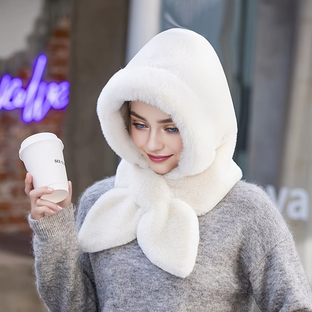 Women's Winter Faux Fur Hat Thick Warm Plush Ear-Protector Riding Cap Solid Color with Scarf Buckle Closure Hand-Wash Knit Fabric for Cold Weather Occasions