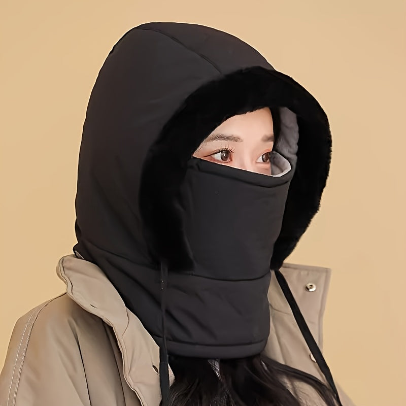 Fleece-Lined Warm Hat with Integrated Windproof Face Mask & Neck Gaiter for Cycling - Street Style, Polyester