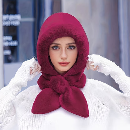 Women's Winter Faux Fur Hat Thick Warm Plush Ear-Protector Riding Cap Solid Color with Scarf Buckle Closure Hand-Wash Knit Fabric for Cold Weather Occasions