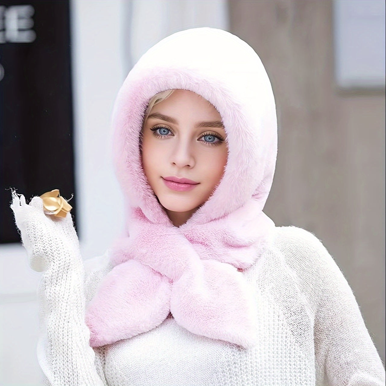 Women's Winter Faux Fur Hat Thick Warm Plush Ear-Protector Riding Cap Solid Color with Scarf Buckle Closure Hand-Wash Knit Fabric for Cold Weather Occasions