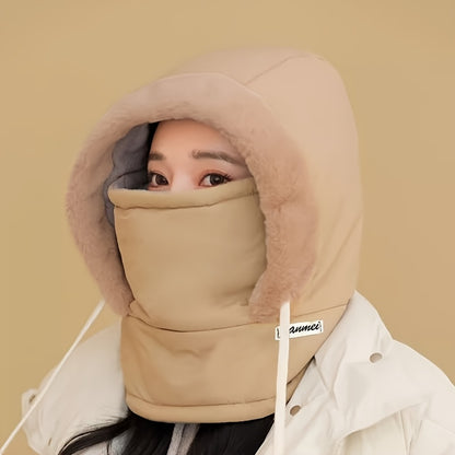 Fleece-Lined Warm Hat with Integrated Windproof Face Mask & Neck Gaiter for Cycling - Street Style, Polyester