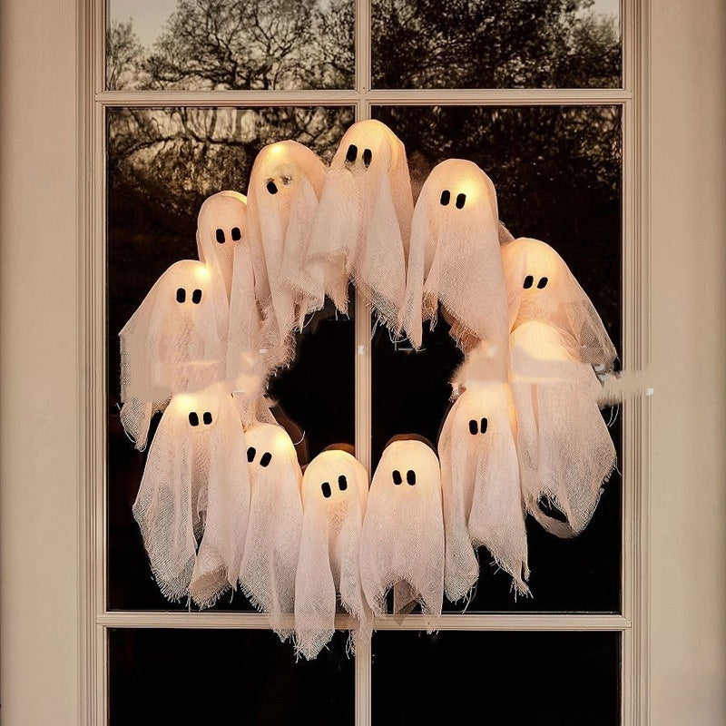 Halloween Ghost Wreath | Cute Door Sign & Glowing Holiday Decoration